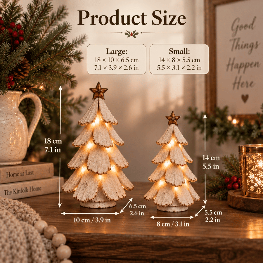 Product size guide comparing the small and large illuminated Christmas trees