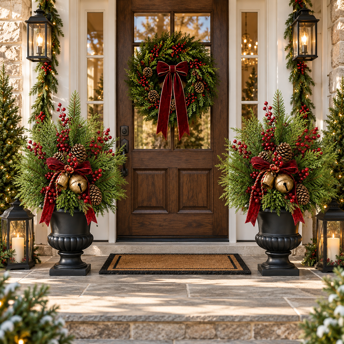 24-Inch Pre-Lit Artificial Christmas Evergreen Urn Filler with Berries, Pinecones & Vintage Bells