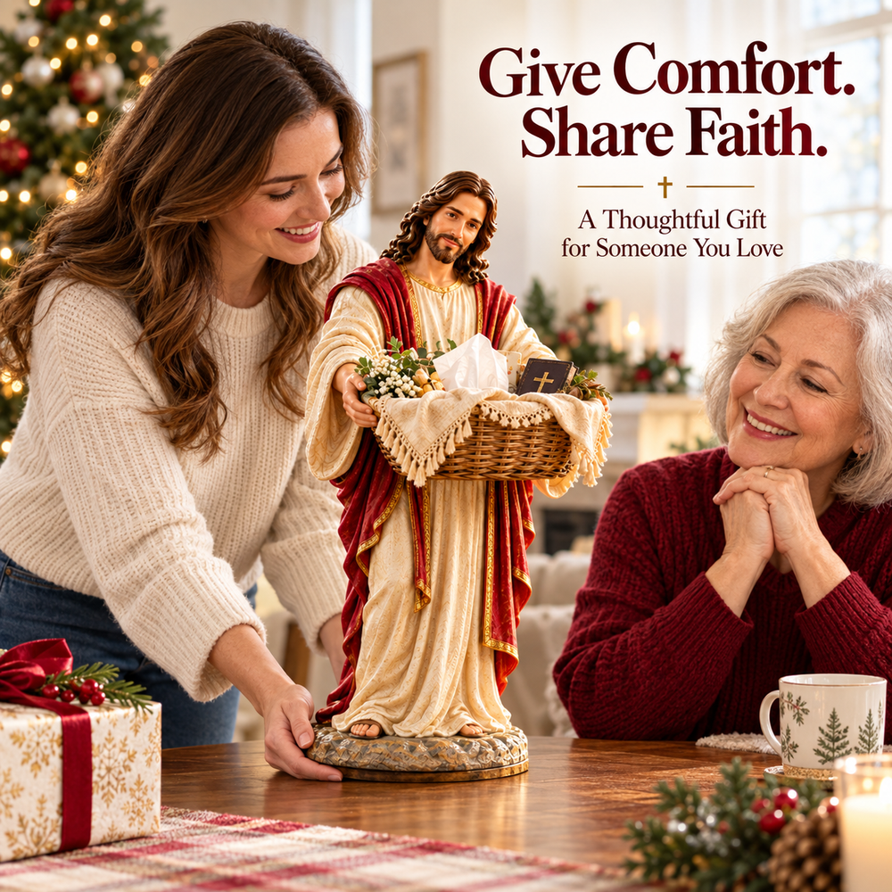 Woman giving a Jesus figurine as a heartfelt Christmas gift to her mother
