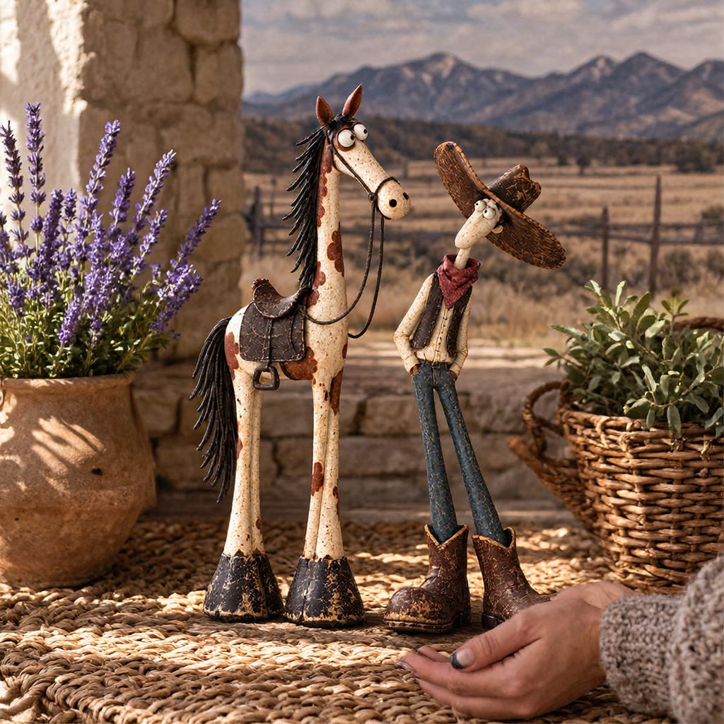 The Western duo styled with woven textures, lavender and a mountain view.
