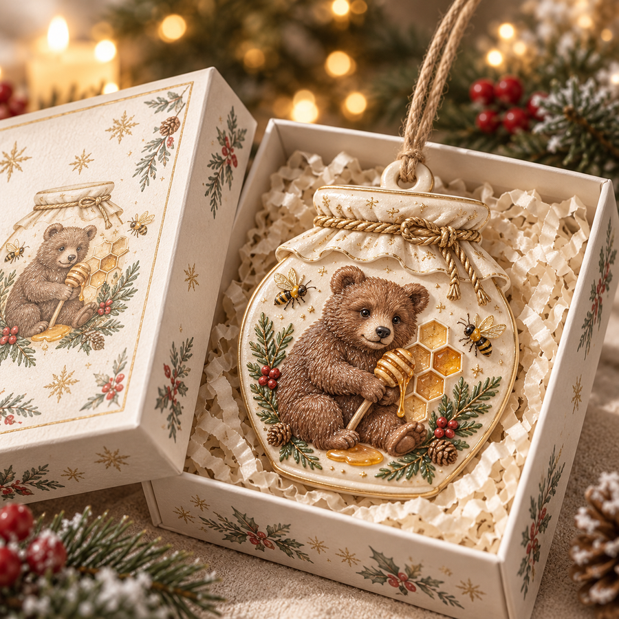 Honey Bear ornament displayed in its illustrated gift box