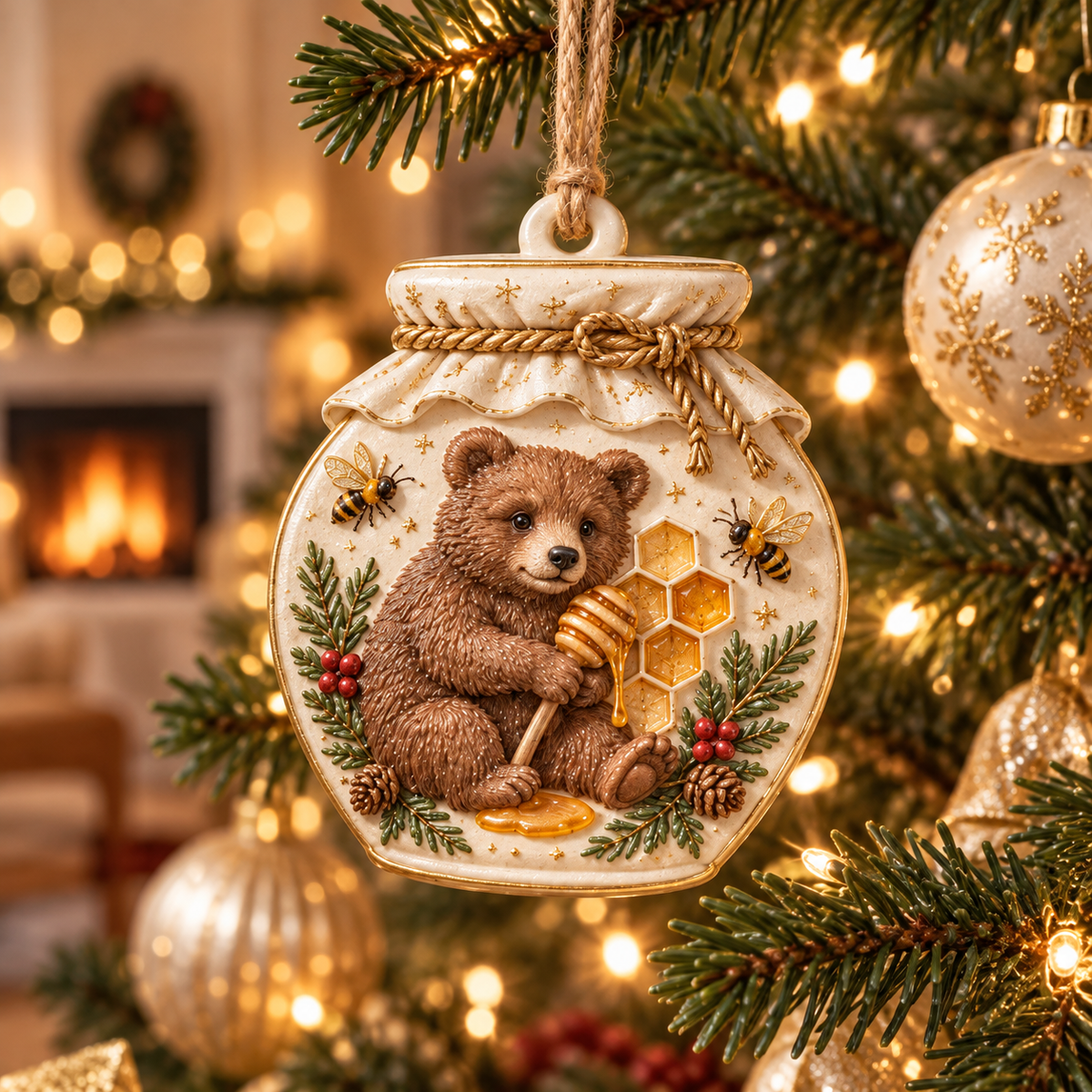 Honey bear ornament hanging among warm Christmas lights