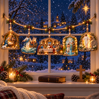 ✝️✨ The Story of Jesus – 5-Scene Lighted Christmas Mantel Garland 🎄