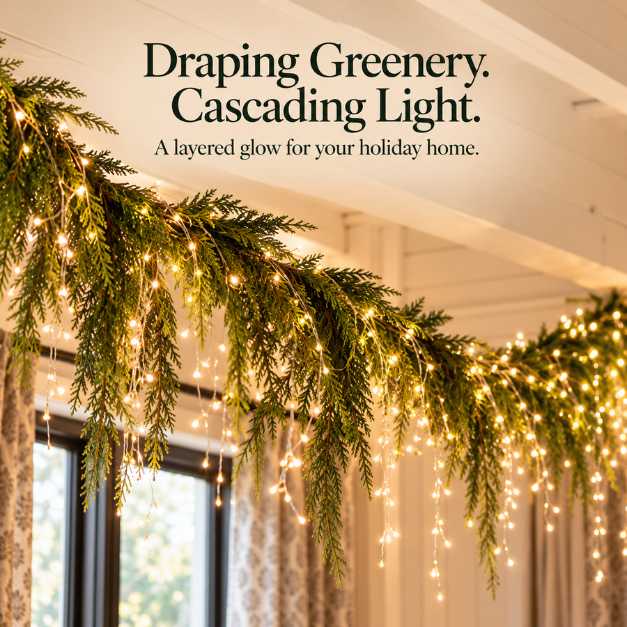 Close view of draping evergreen branches with cascading warm lights