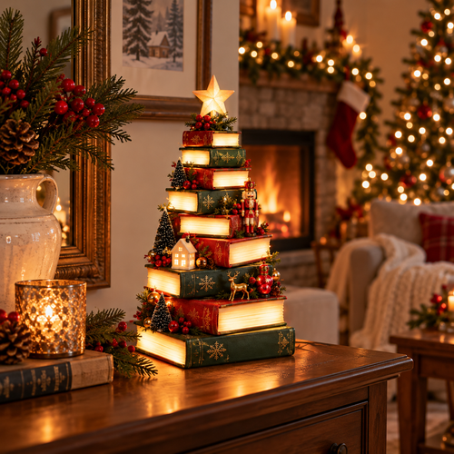 🎄Starlit Storybook Tree – Lighted Book Stack Decor with Remote