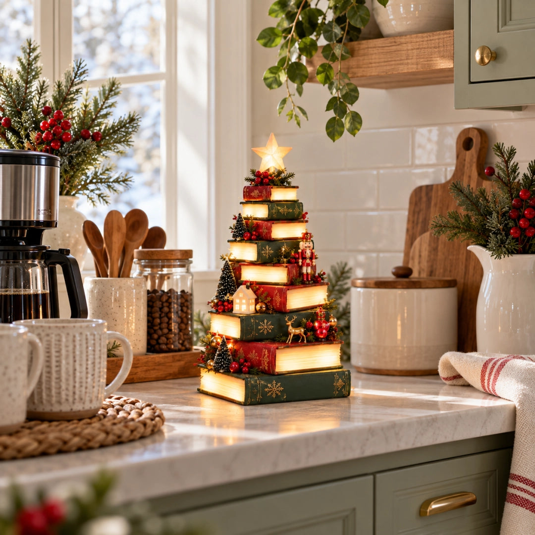 🎄Starlit Storybook Tree – Lighted Book Stack Decor with Remote
