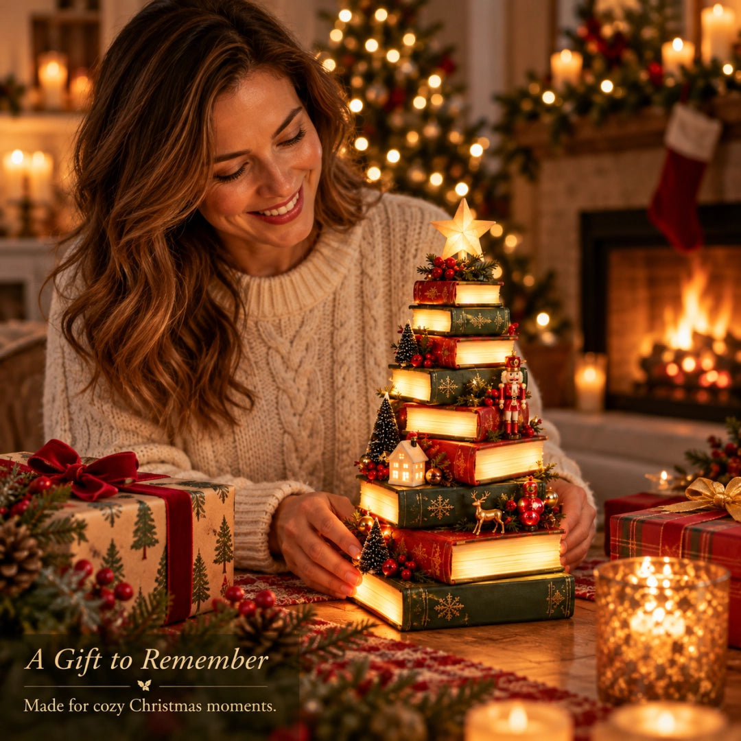 🎄Starlit Storybook Tree – Lighted Book Stack Decor with Remote