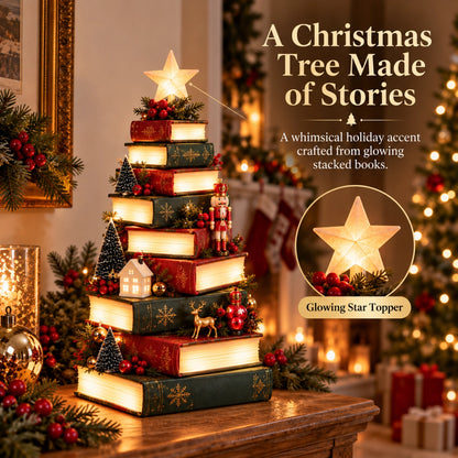 🎄Starlit Storybook Tree – Lighted Book Stack Decor with Remote