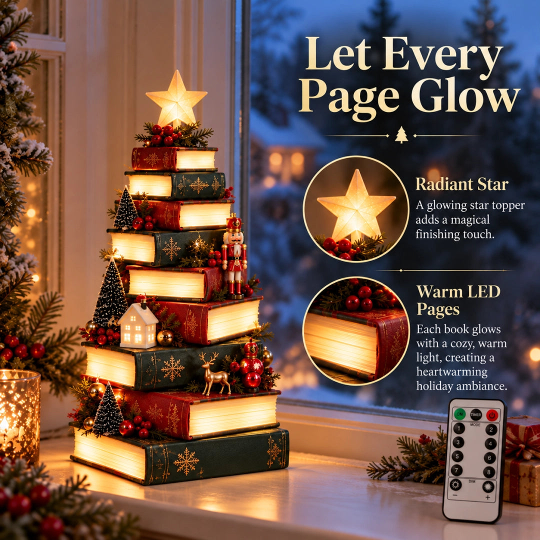 🎄Starlit Storybook Tree – Lighted Book Stack Decor with Remote