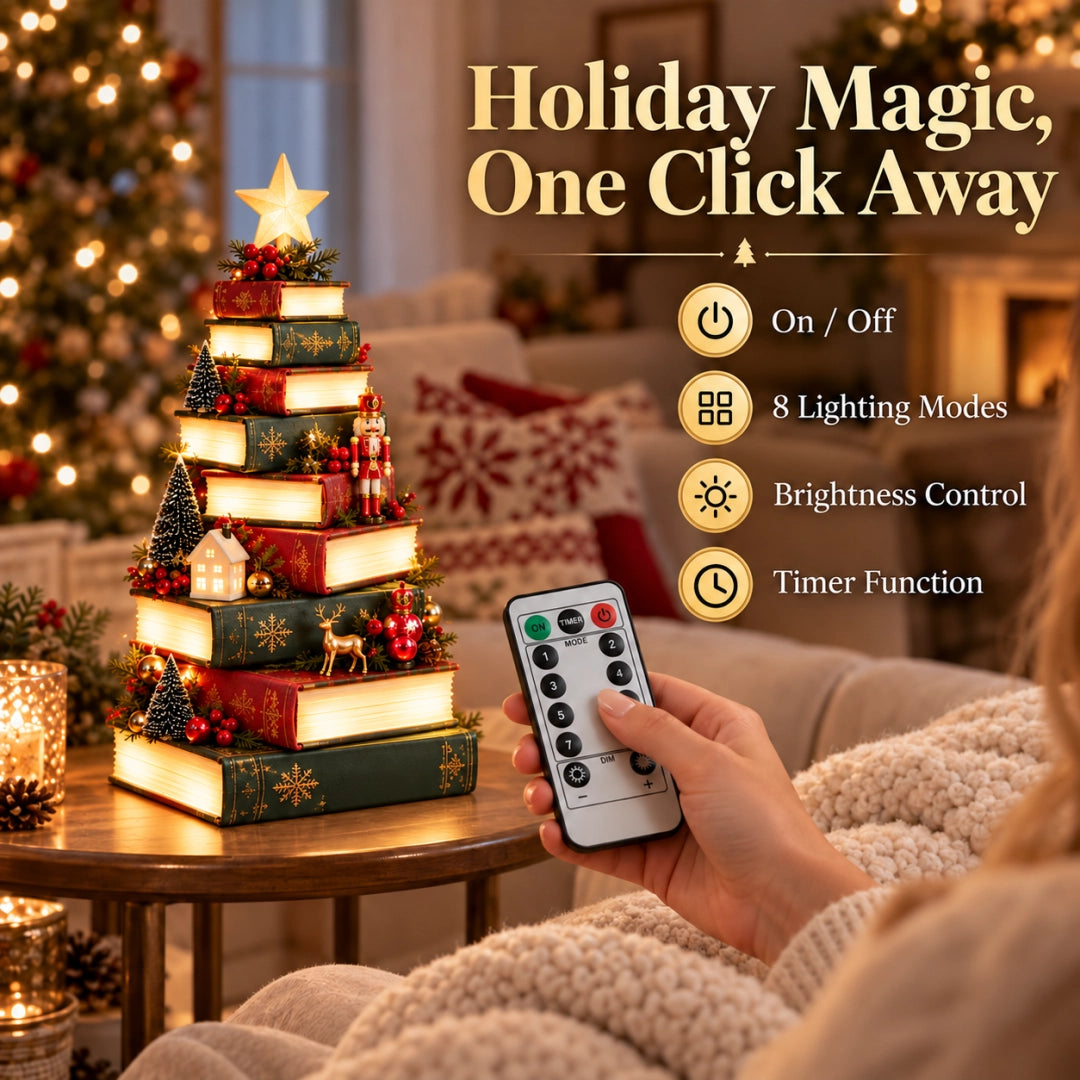 🎄Starlit Storybook Tree – Lighted Book Stack Decor with Remote