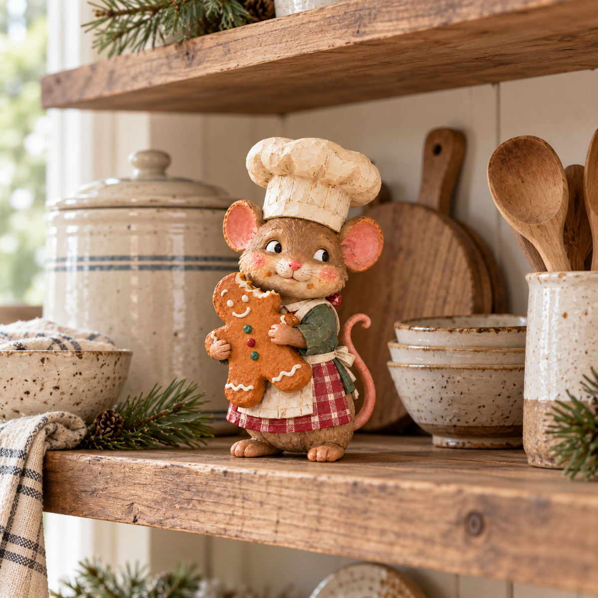 Gingerbread mouse displayed on a rustic kitchen shelf beside dishes and baking utensils