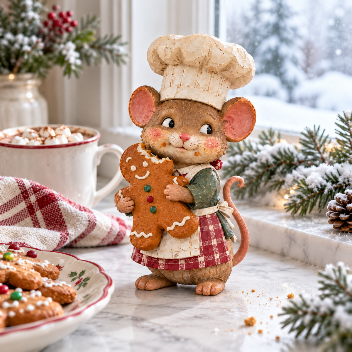 Gingerbread mouse baker wearing a checkered apron and ivory chef hat