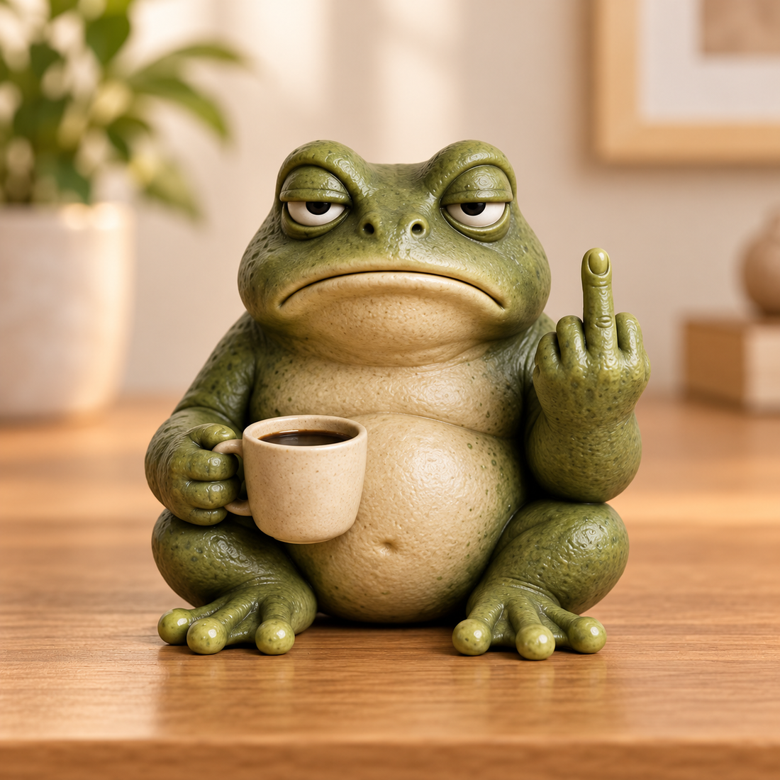 Sassy Frog figurine with coffee cup