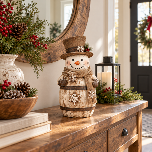 🔥Rustic Whitewashed Barrel Snowman Decor