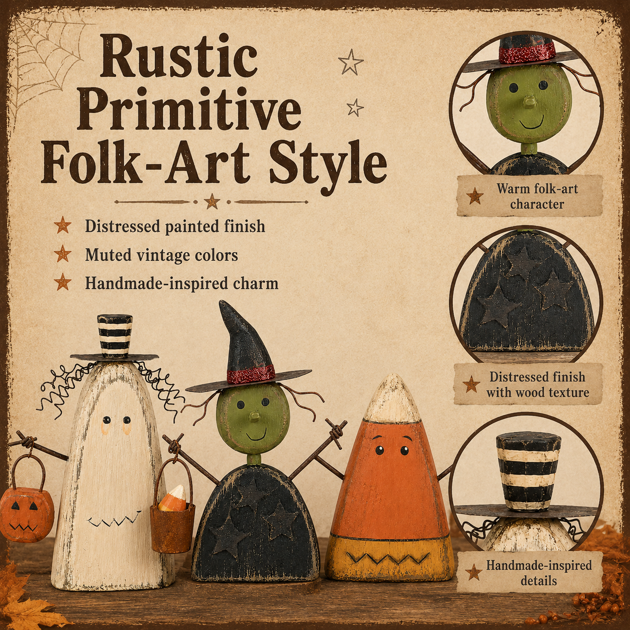 Rustic primitive folk art Halloween decoration details