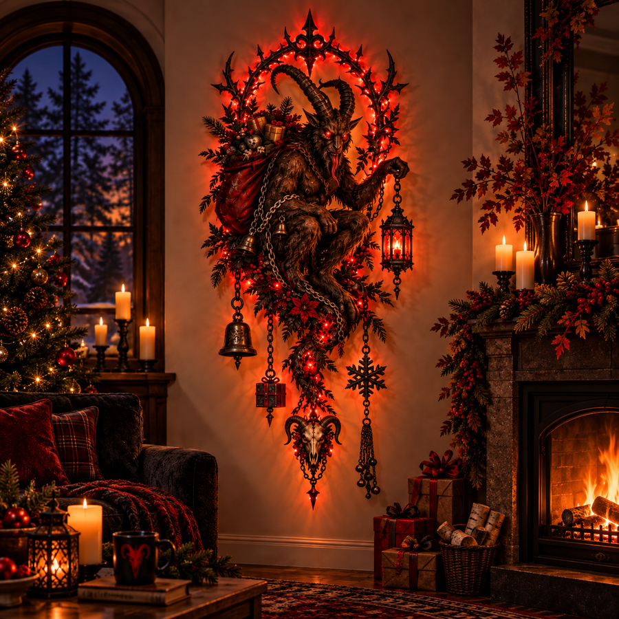 Krampus illuminated dark fantasy wall decor