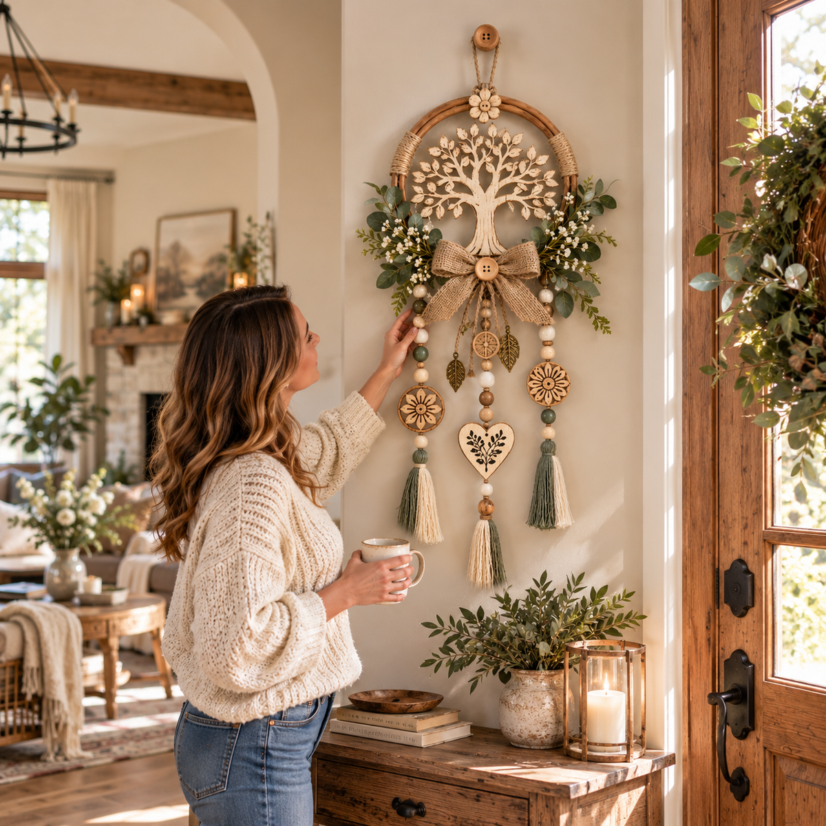 A woman enjoying the Tree of Life decor beside her entryway