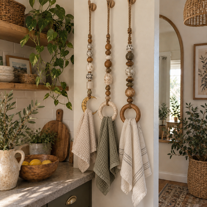 🔥😍Beaded Wooden Towel Holder – Rustic Boho Home Decor