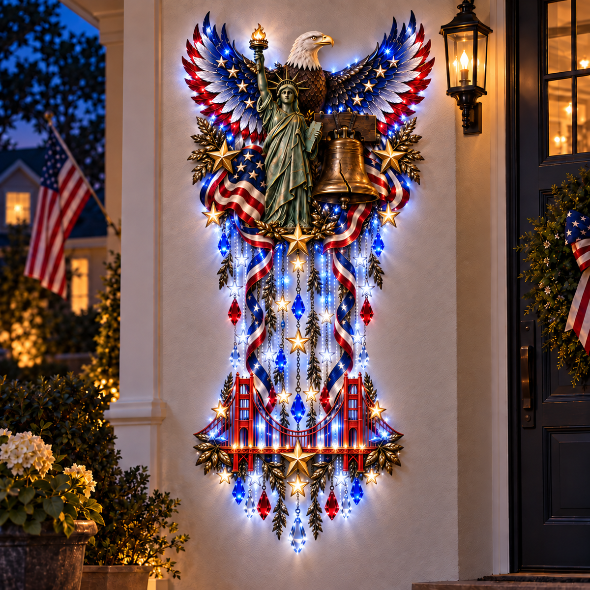 Patriotic cascade wall light with an eagle, Statue of Liberty, Liberty Bell and Golden Gate Bridge