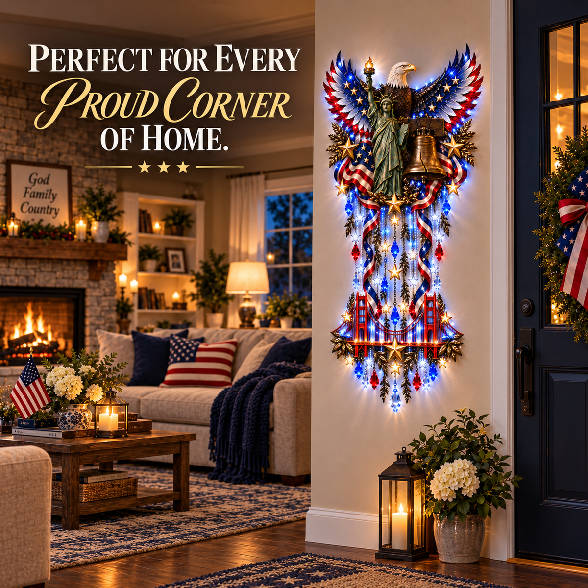 Woman positioning the patriotic cascade decoration on a wall