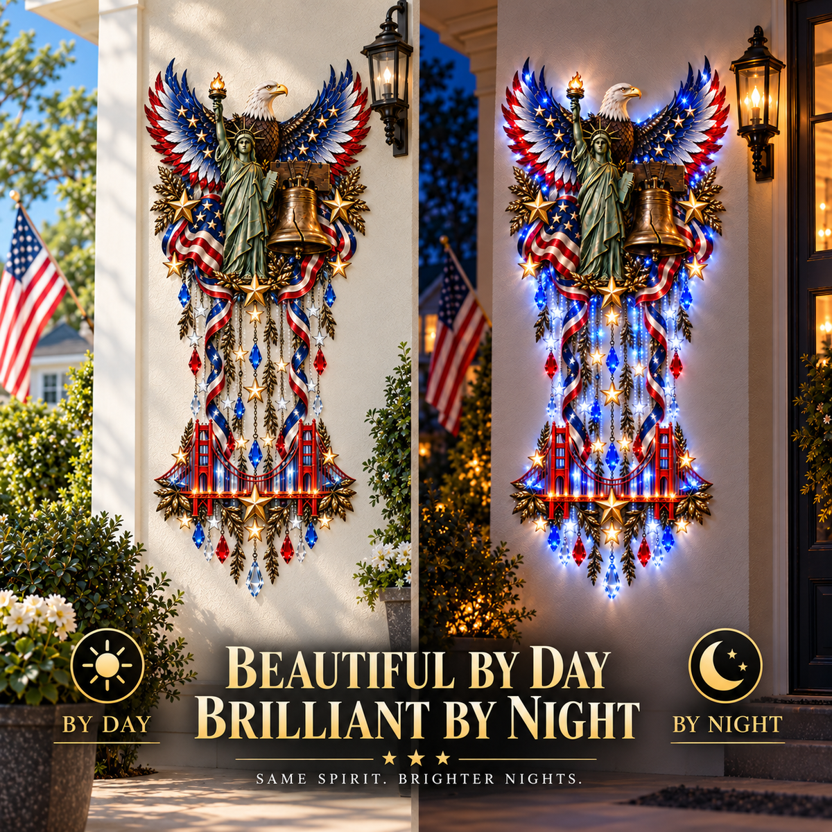 Side-by-side daytime and illuminated nighttime views of the patriotic wall decoration