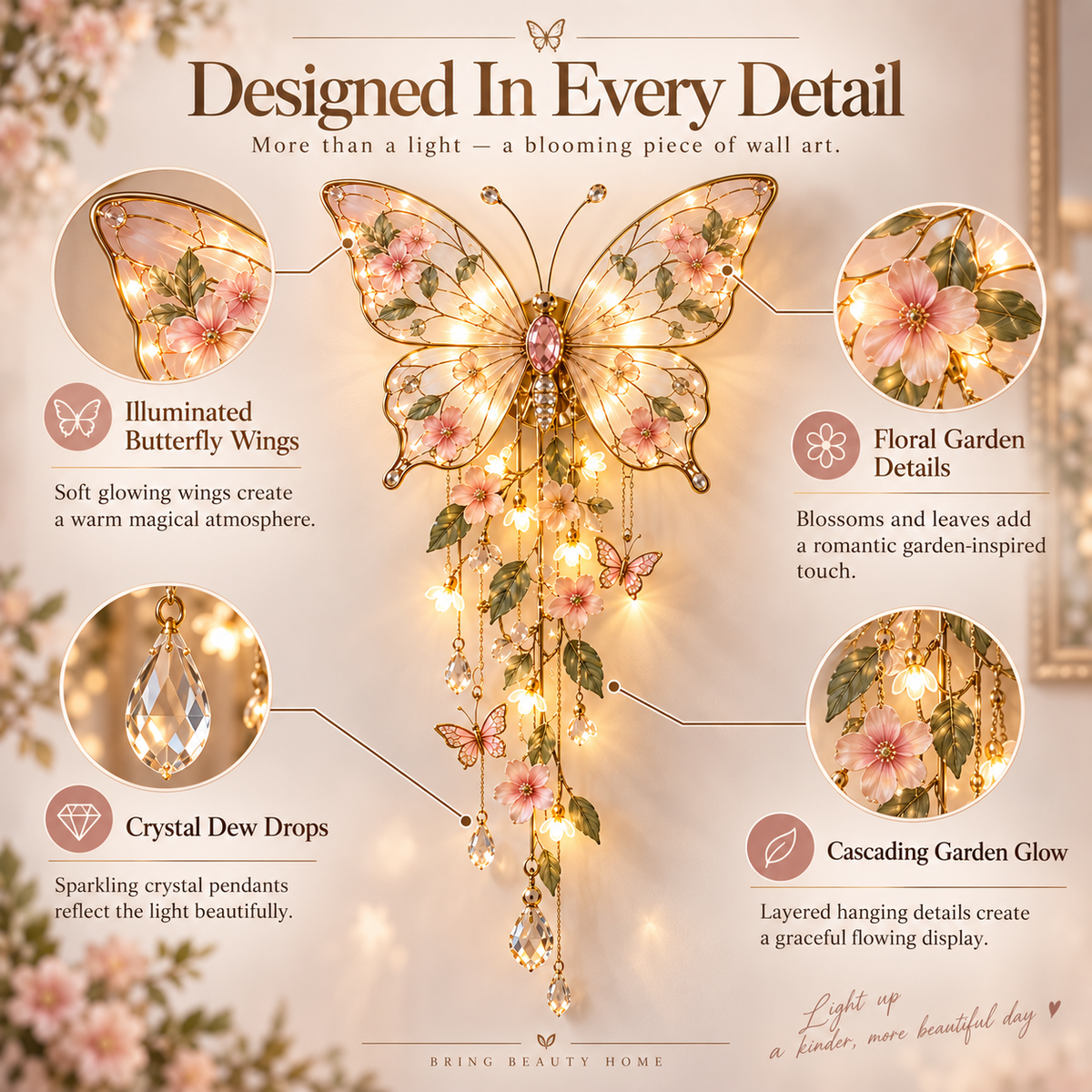 Detailed view of the illuminated wings, flowers, leaves and crystal drops
