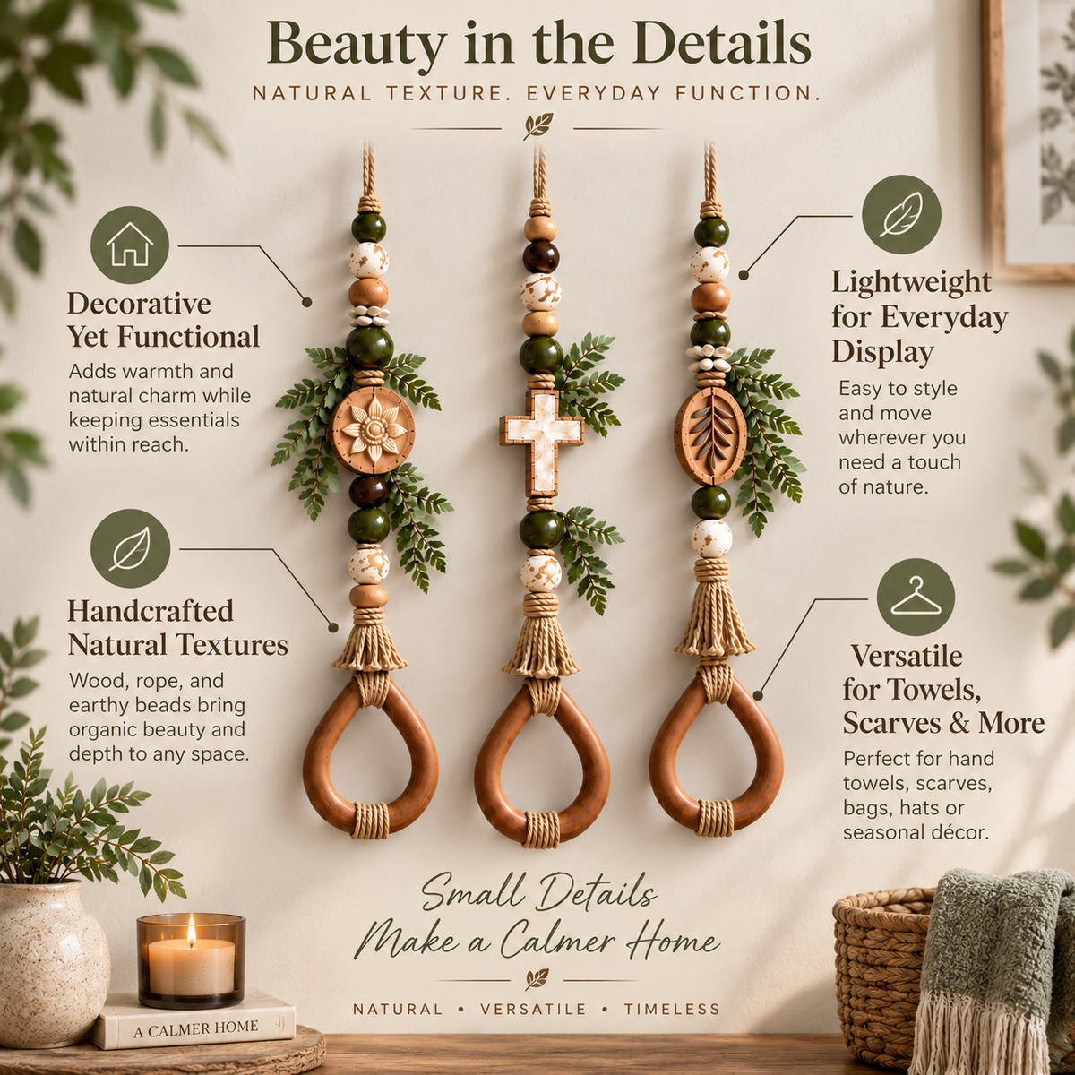 Details of the beads cords and wooden teardrop ring