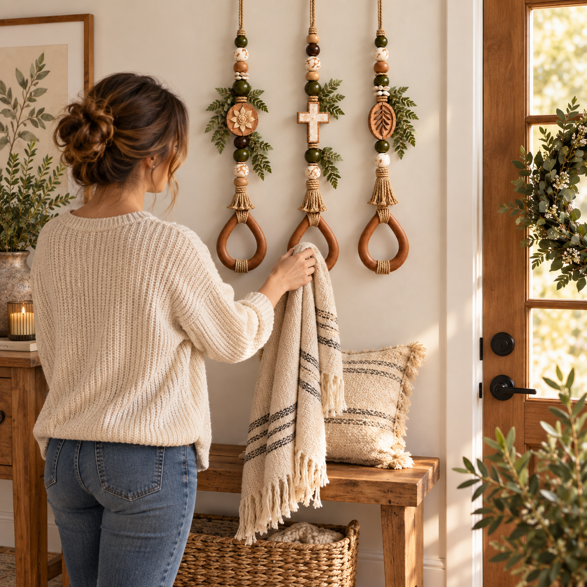 🔥😍Boho Teardrop Wall Hanger – Rustic Wooden Towel & Accessory Organizer