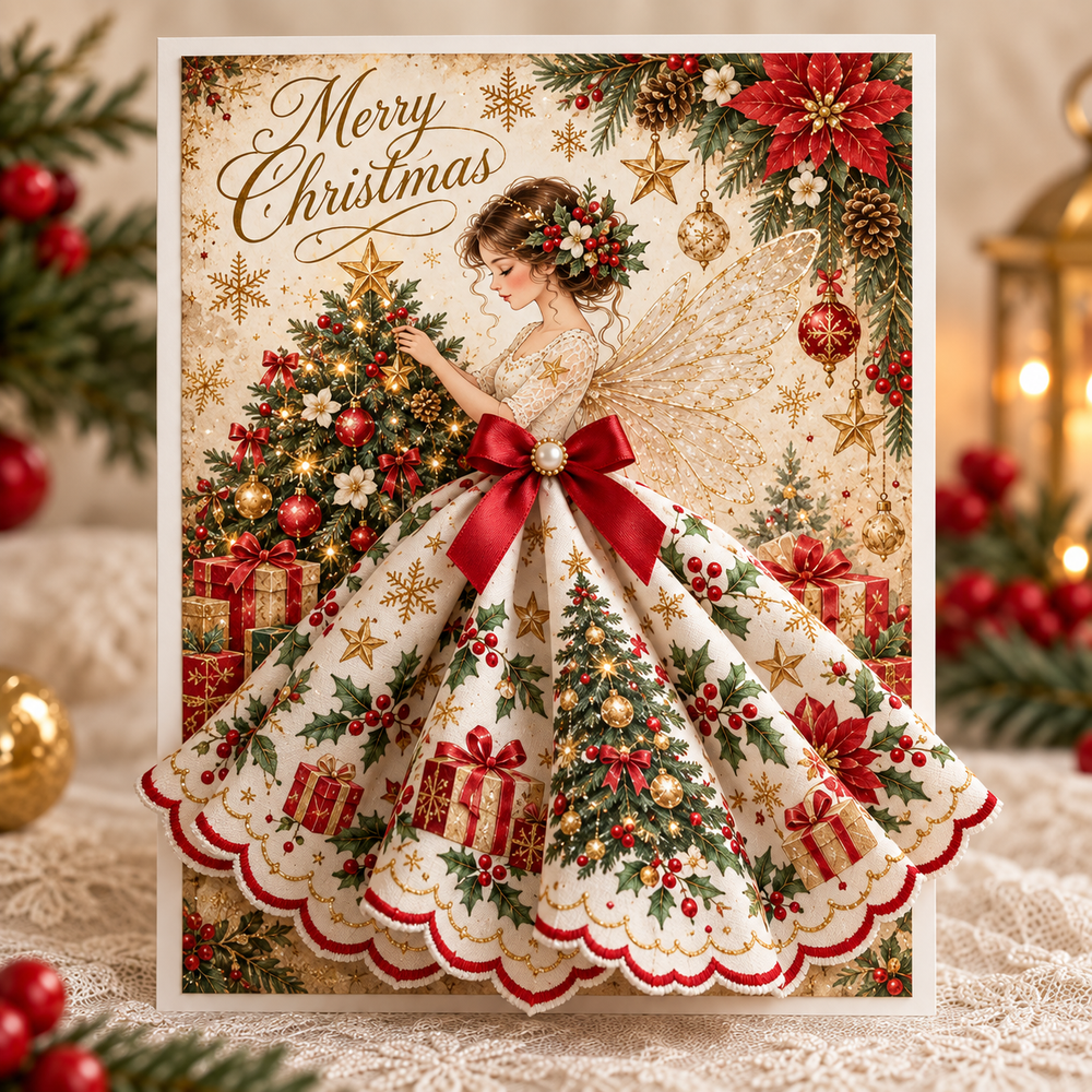 Christmas tree angel greeting card decorated with gifts, ornaments and a red bow