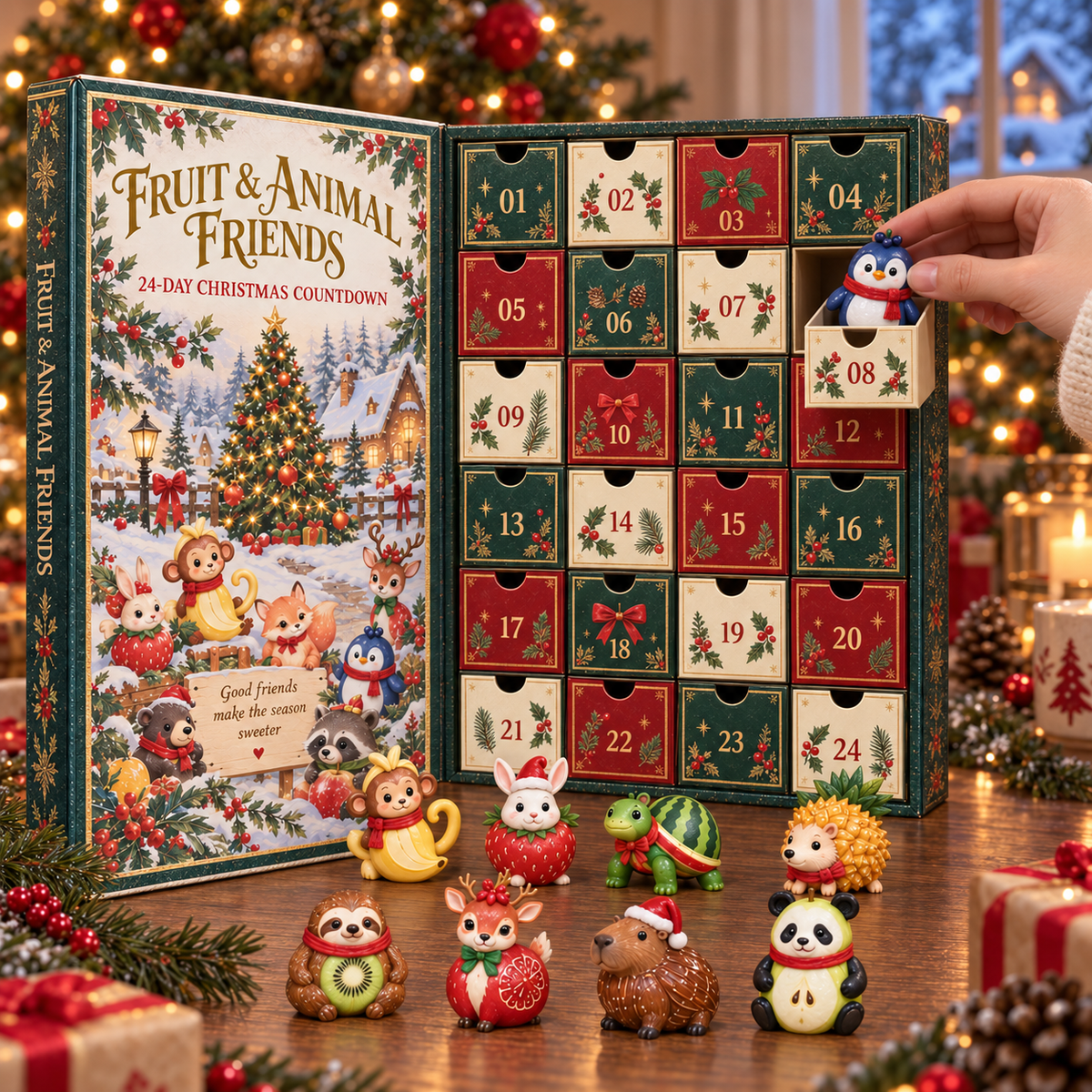A blueberry penguin being revealed from a numbered Christmas calendar drawer