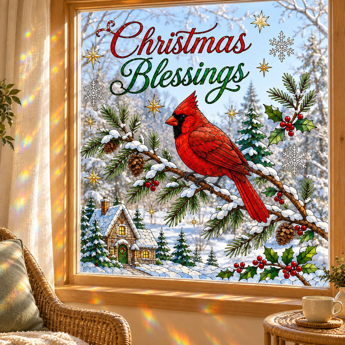 Christmas Blessings red cardinal window artwork with snowy pine branches and a cottage