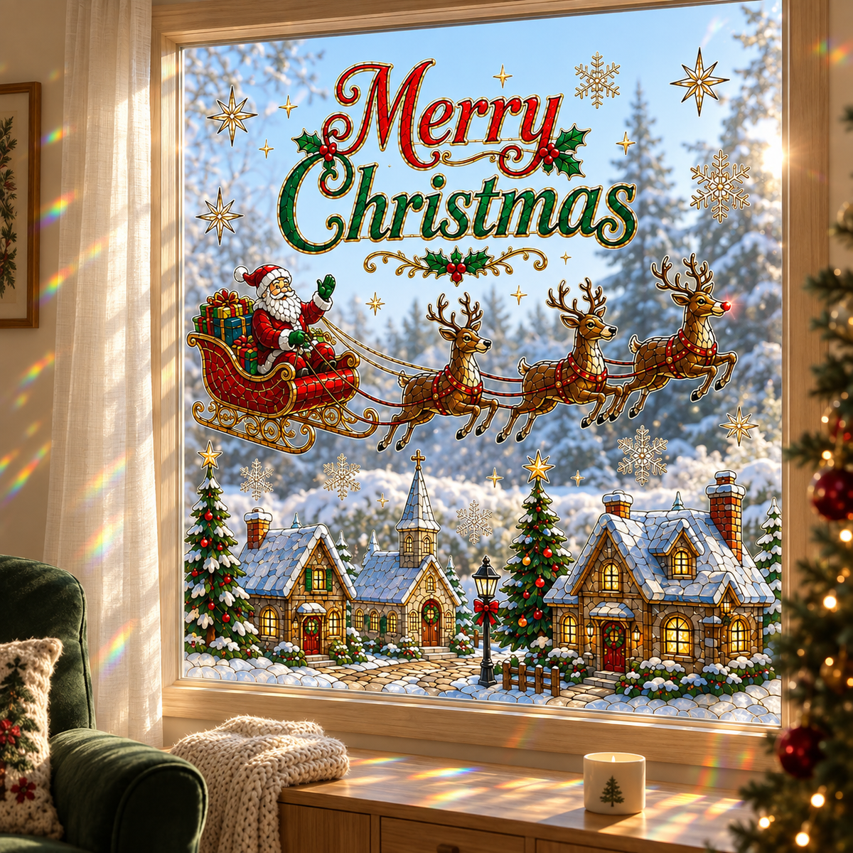 🔥LAST DAY 50% OFF - 🎄 Christmas Suncatcher Window Clings | 28 × 28 in Stained Glass Style✨