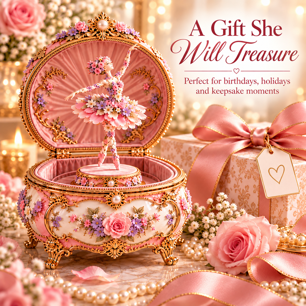 Ballerina music box styled beside a ribbon-wrapped gift