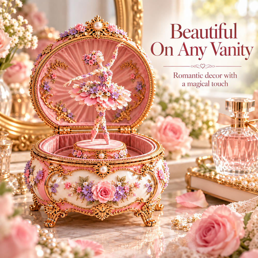 Floral ballerina music box displayed on a romantic vanity