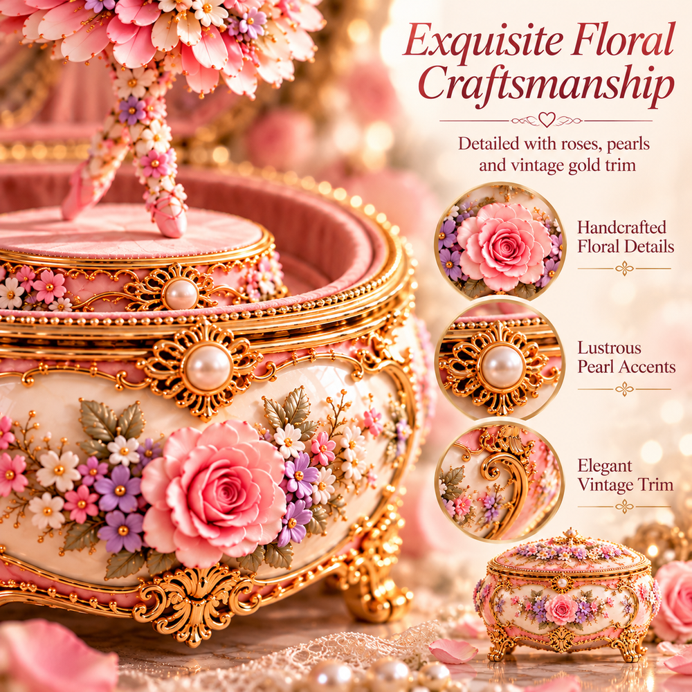 Close-up of floral decoration, pearl-like accents and gold-toned detailing