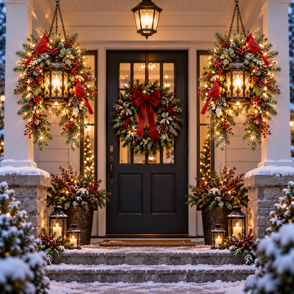 🔥🎄 Christmas Porch Glow™ – Pre-Lit Holiday Lantern & Evergreen Decor | 3 Festive Styles