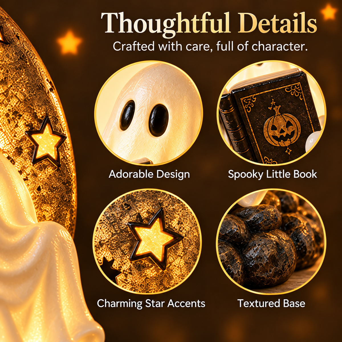 Close-up details of Ghostly Moonlight Halloween reading lamp