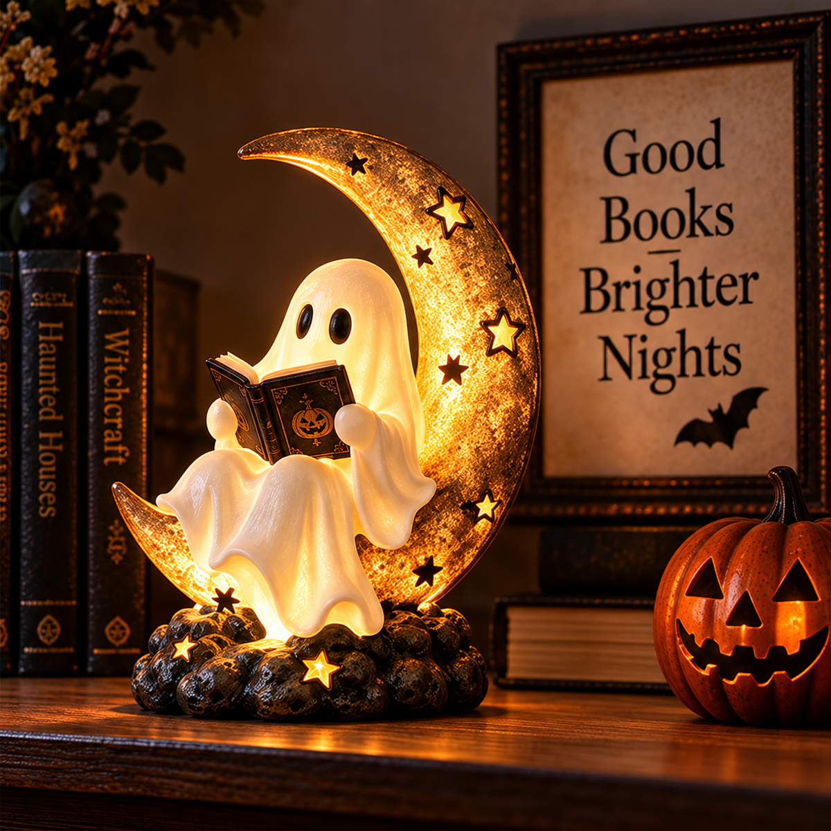 Ghost reading beside glowing crescent moon and Halloween pumpkin