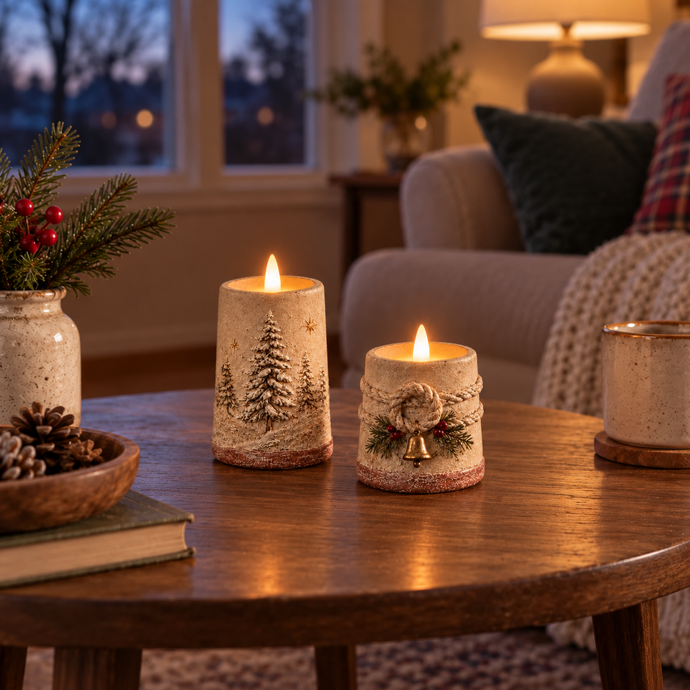 Snowy Pine and Rustic Bell Christmas candles glowing on a wooden coffee table