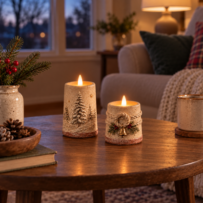 🔥😍Winterglow Christmas Candles – Snowy Pine & Rustic Bell Collection