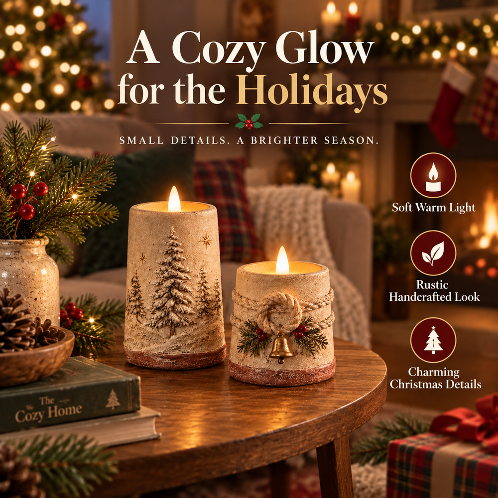 Winterglow holiday display highlighting soft warm light, rustic styling, and Christmas details