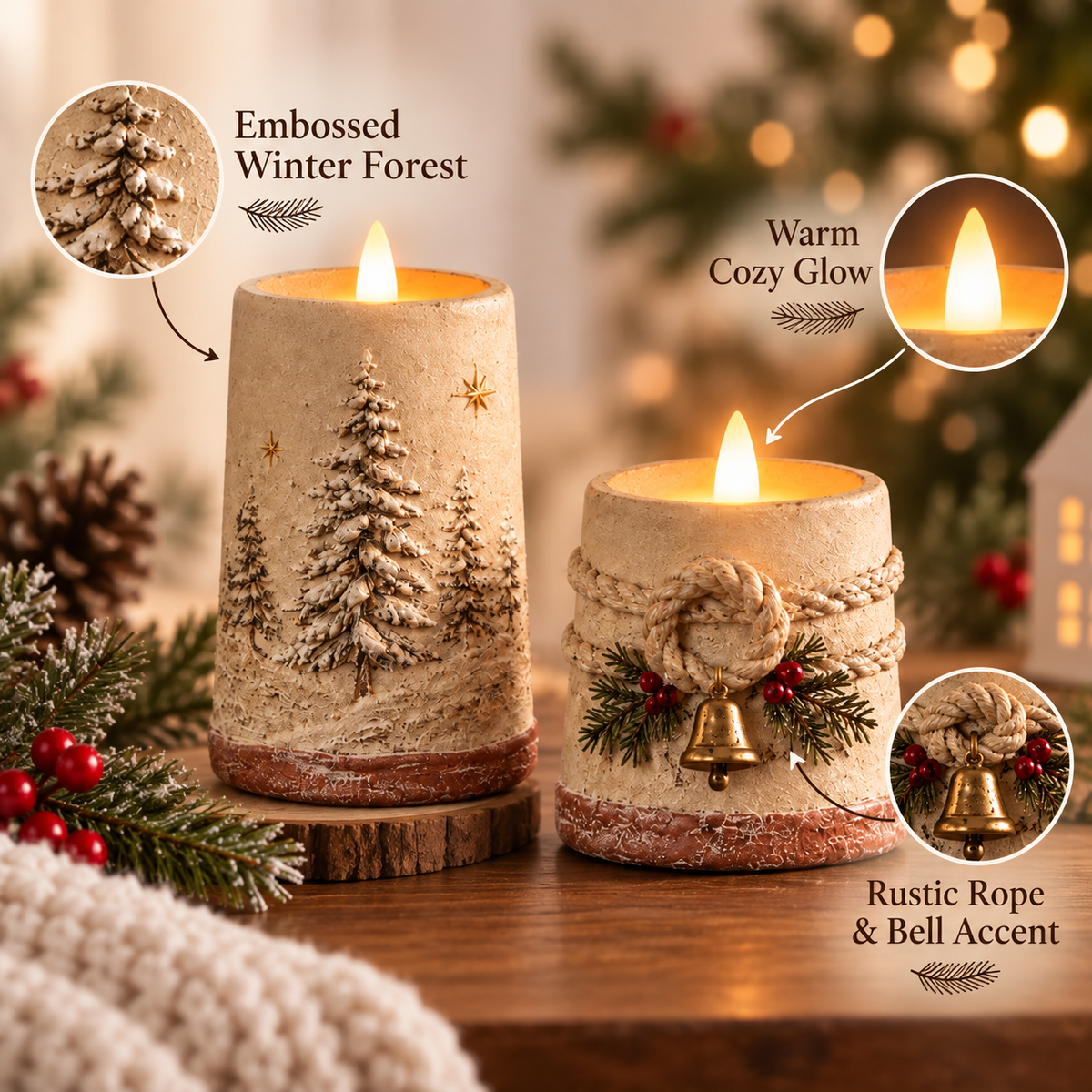 🔥😍Winterglow Christmas Candles – Snowy Pine & Rustic Bell Collection