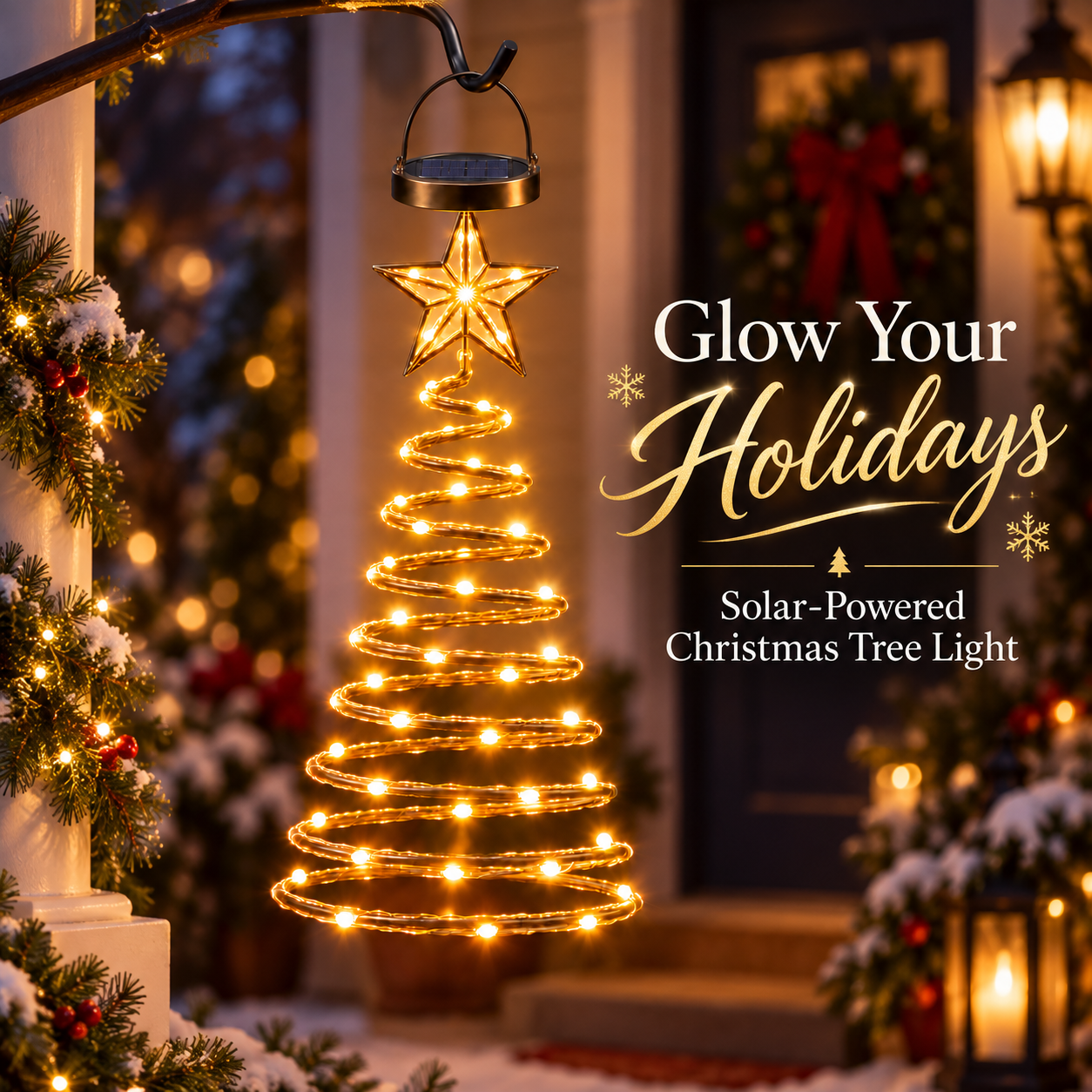 Solar powered LED spiral Christmas tree light glowing on holiday porch