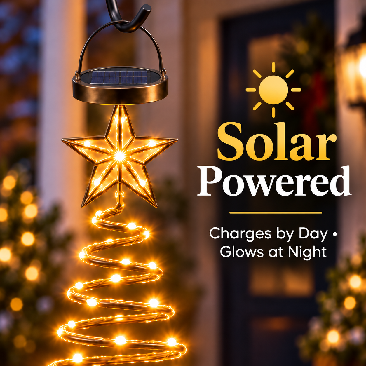 Solar powered feature of LED Christmas tree hanging light