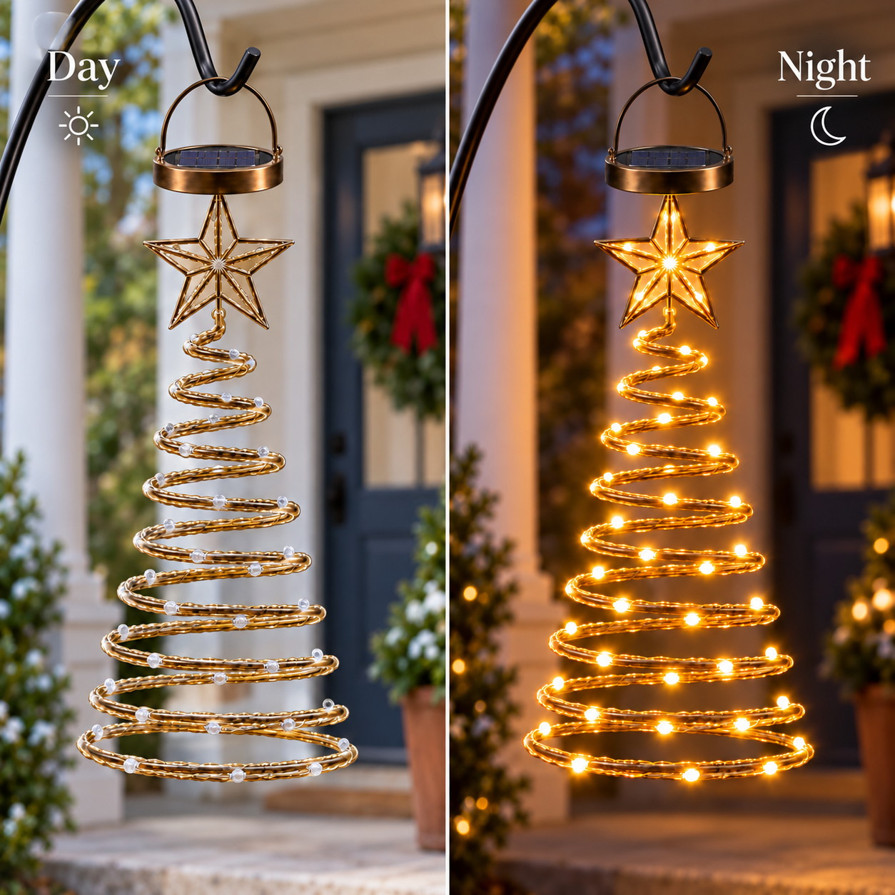Day and night comparison of solar LED spiral Christmas tree hanging light