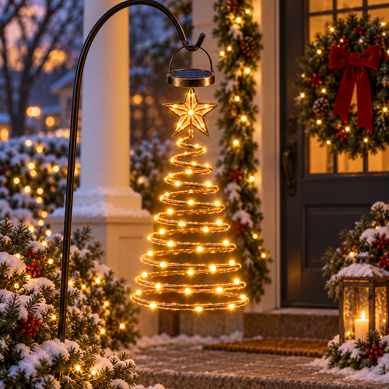 Solar powered LED spiral Christmas tree hanging light glowing on a snowy front porch
