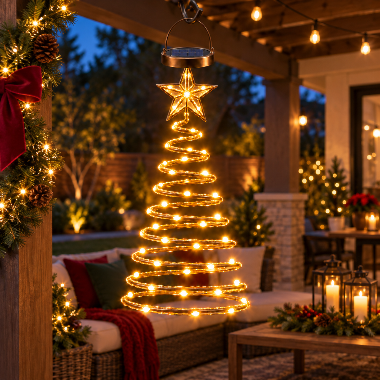 Solar LED spiral Christmas tree light decorating outdoor patio