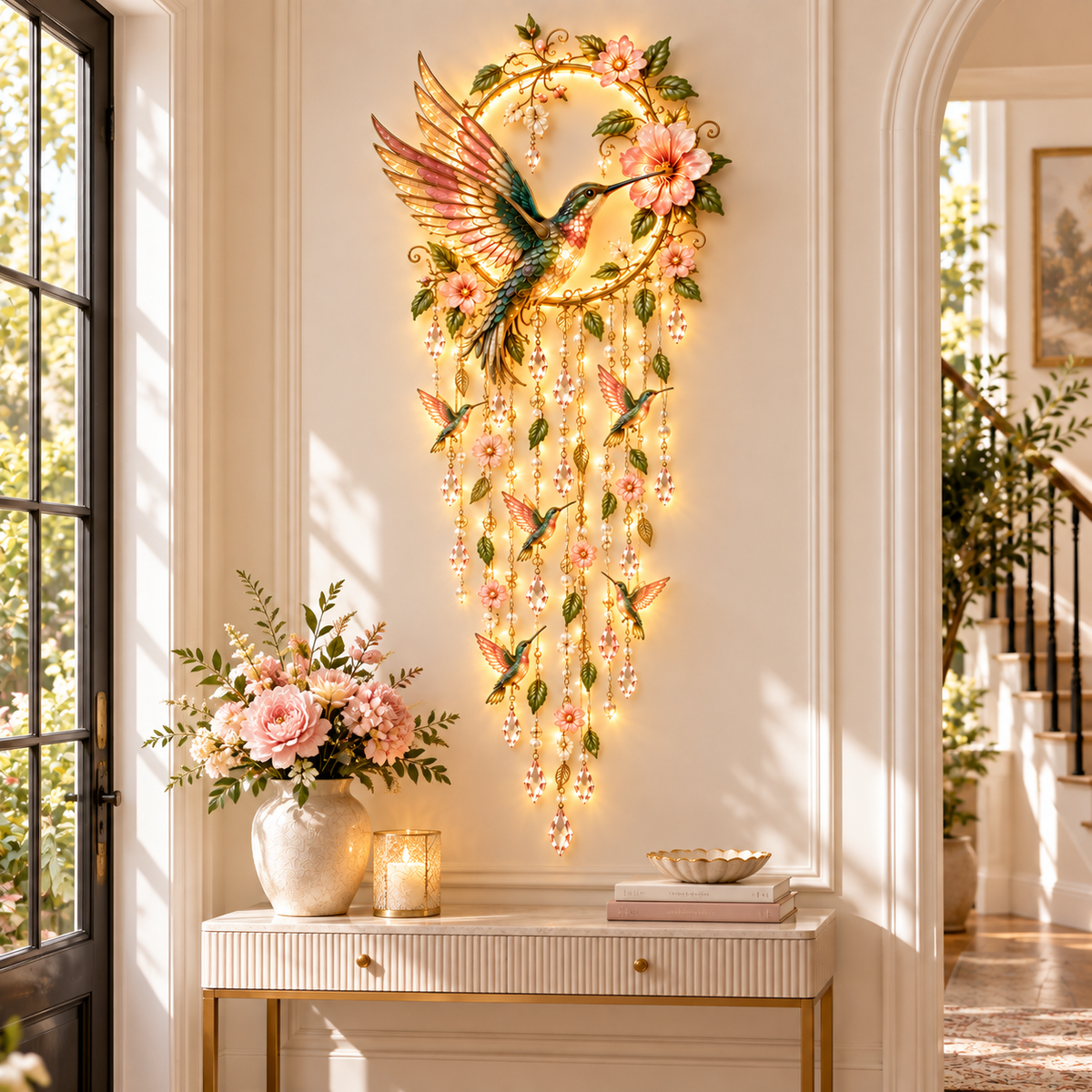 Hummingbird wall light entryway
