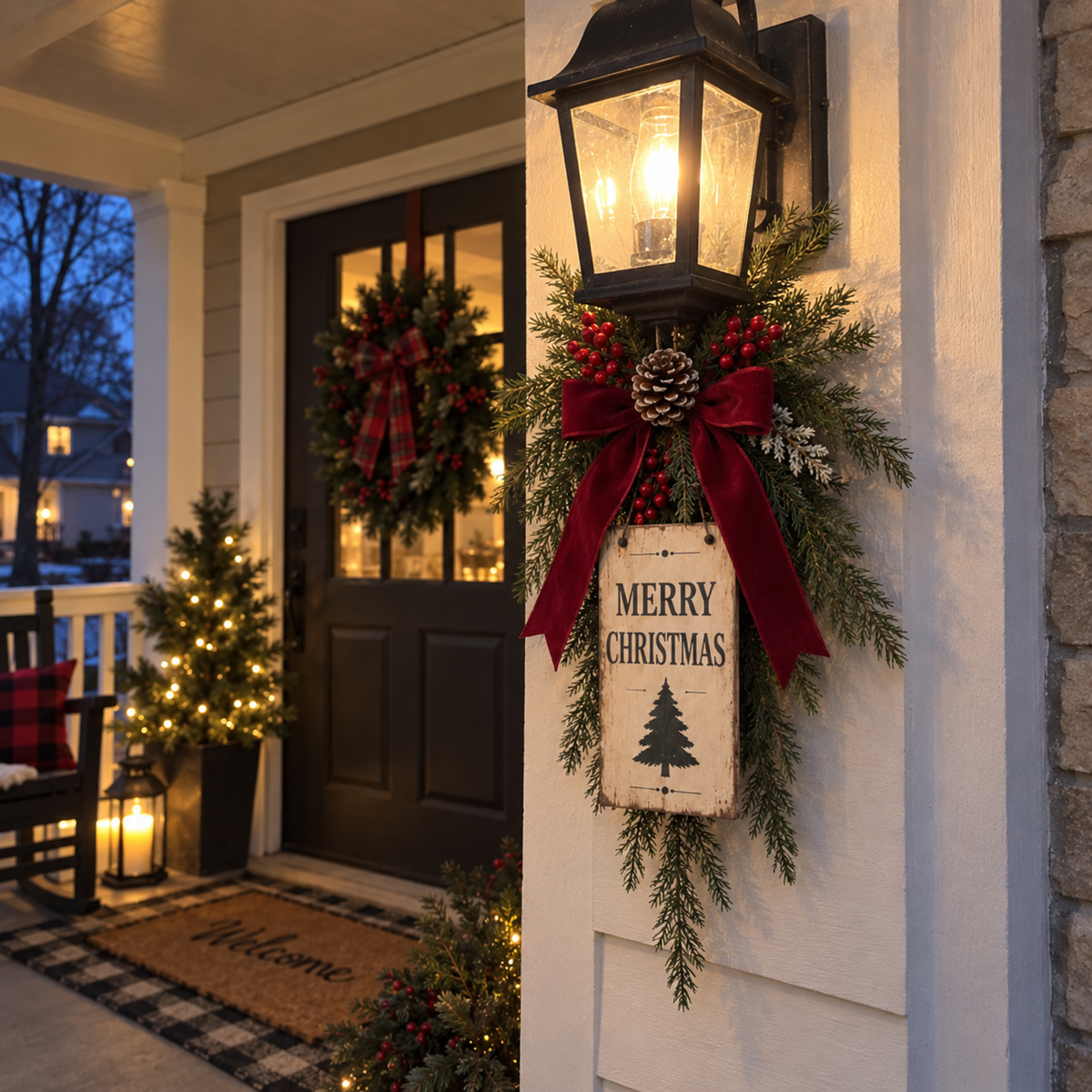 Christmas lantern swag glowing on a winter porch