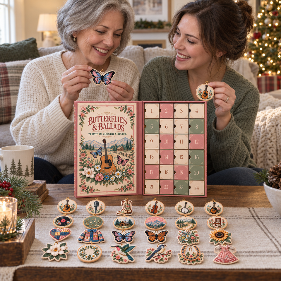 Two women sharing the Butterflies and Ballads calendar and its embroidered keepsakes